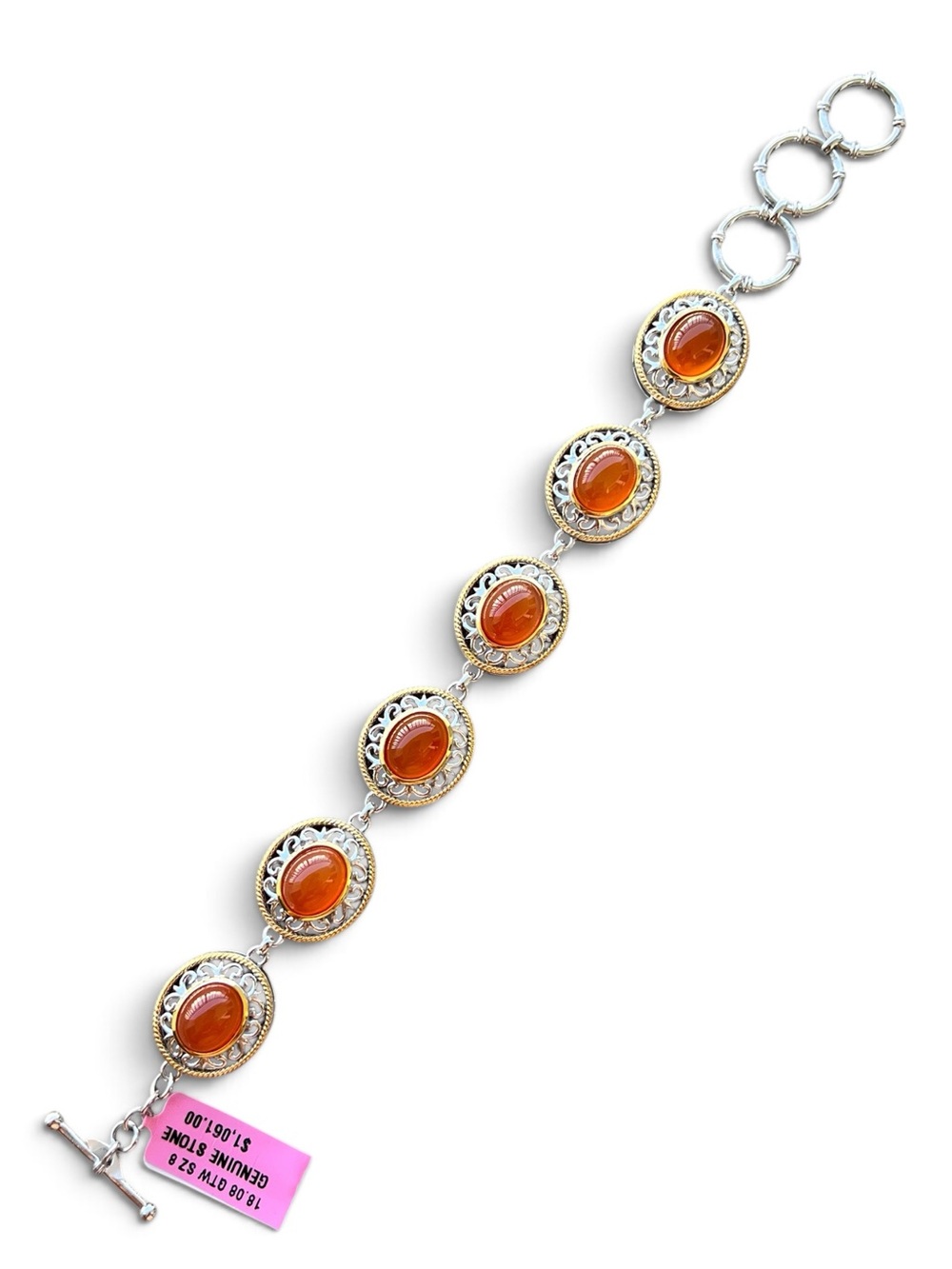 Sterling Silver Two Tone Orange Carnelian Oval Link Bracelet